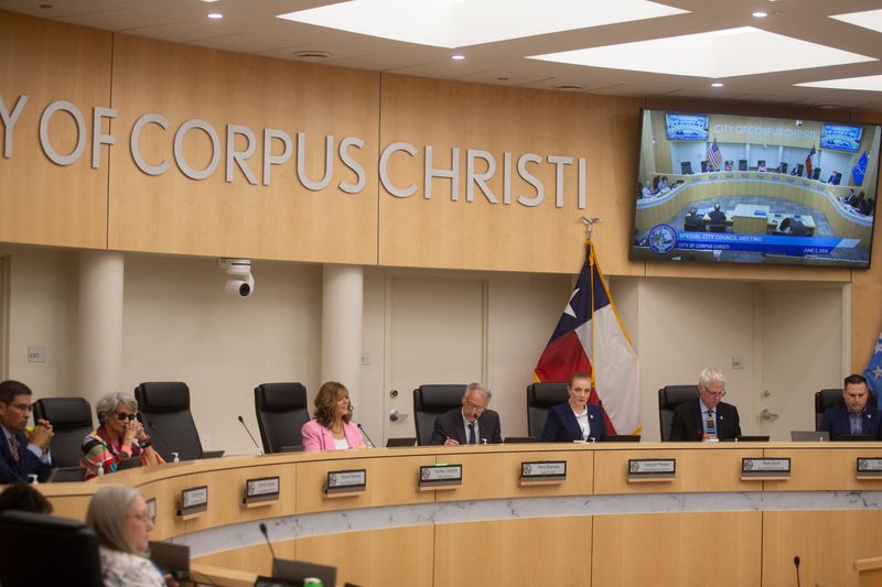Corpus Christi City Council members listen to attorneys during a pretrial hearing for the removal proceedings of Mayor Paulette Guajardo at City Hall on June 2.