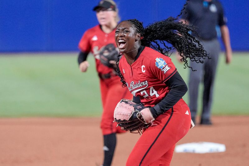 Texas Tech pitcher Nijaree Canady (24) celebrates getting a strikeout in the first inning of the second softball game between Texas Tech and Alabama at the Womenâ€™s College World Series at Devon Park in Oklahoma City, on Monday, June 1, 2026.