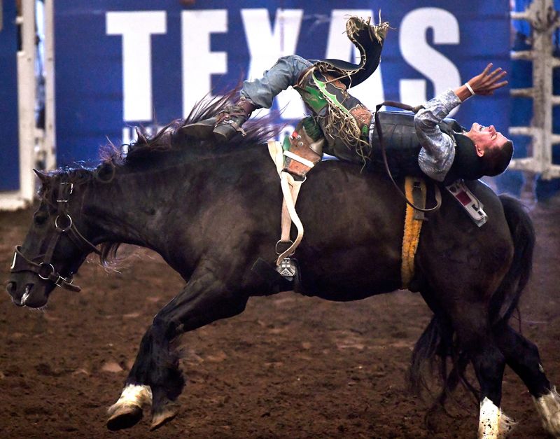 J.D. Spivey of Haslet stays on top during the bareback riding in 2018 at the Texas High School Rodeo Association finals. The annual rodeo returns June 4-13 at the Taylor County Expo Center.