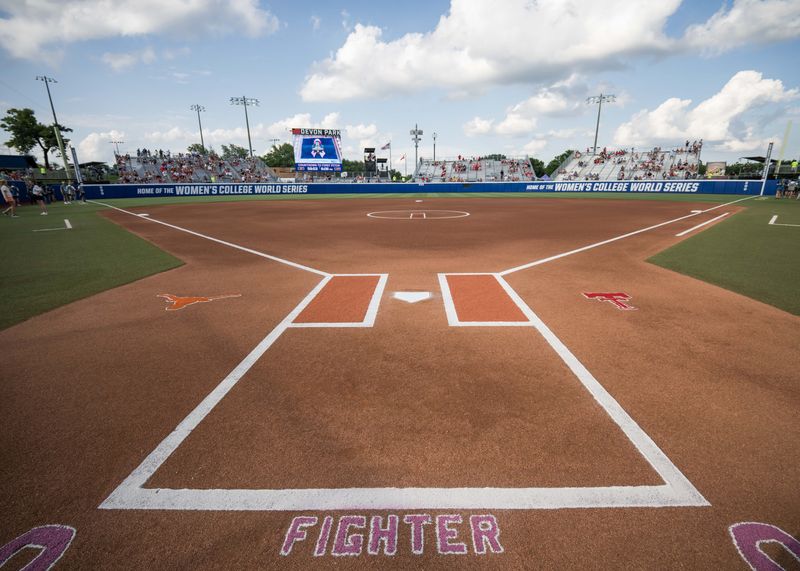 Jun 3, 2026; Oklahoma City, OK, USA; A photo of the field before game one between the Texas Tech Red Raiders and the Texas Longhorns of the NCAA Women’s College World Series championship series at Devon Park. Mandatory Credit: Brett Rojo-Imagn Images