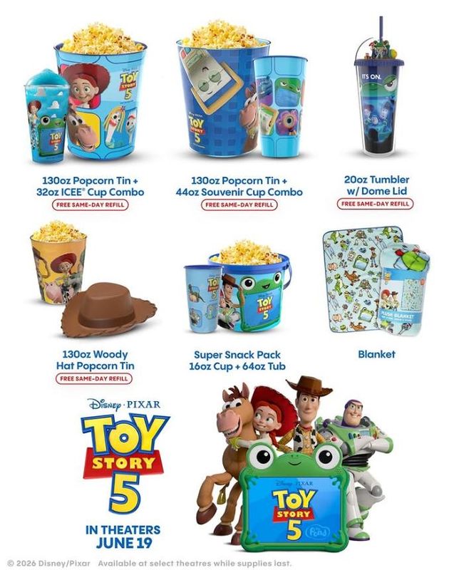 Cinemark has released its line of merchandise ahead of the release of "Toy Story 5" in theaters this June.