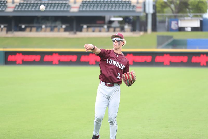 London's Aiden Salinas warms up before the start of Thursday's Class 3A Division I state championship game against Boyd at Dell Diamond in Round Rock on June 4, 2026.