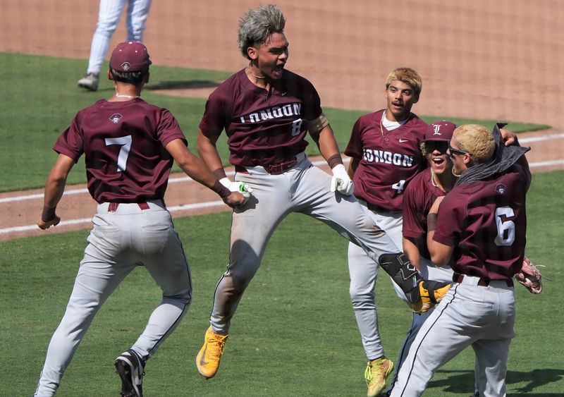 London's Christian Olivares (8) celebrates after hitting a home run against Boyd in the Class 3A Division I baseball state championship Thursday, June 4, 2026, at Dell Diamond in Round Rock.