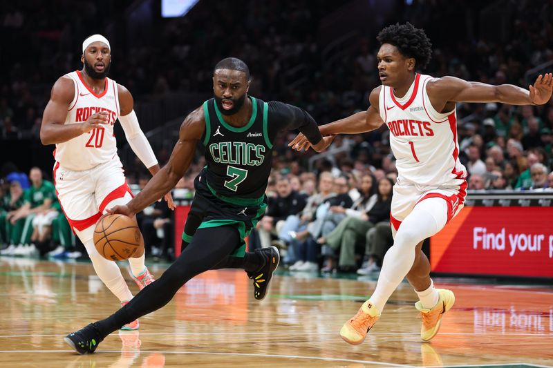 Nov 1, 2025; Boston, Massachusetts, USA; Boston Celtics forward Jaylen Brown (7) drives to the basket during the first half against the Houston Rockets at TD Garden. Mandatory Credit: Paul Rutherford-Imagn Images