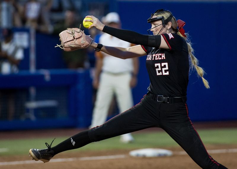 Jun 3, 2026; Oklahoma City, OK, USA; Texas Tech Red Raiders pitcher Samantha Lincoln (22) throws a pitch in the fifth inning against the Texas Longhorns during Game One of the NCAA Women’s College World Series championship series at Devon Park. Mandatory Credit: Brett Rojo-Imagn Images
