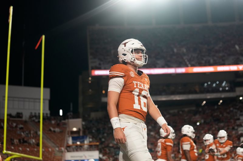 Nov 28, 2025; Austin, Texas, USA; Texas Longhorns quarterback Arch Manning warms up before a game against the Texas A&M Aggies at Darrell K Royal-Texas Memorial Stadium. Mandatory Credit: Scott Wachter-Imagn Images