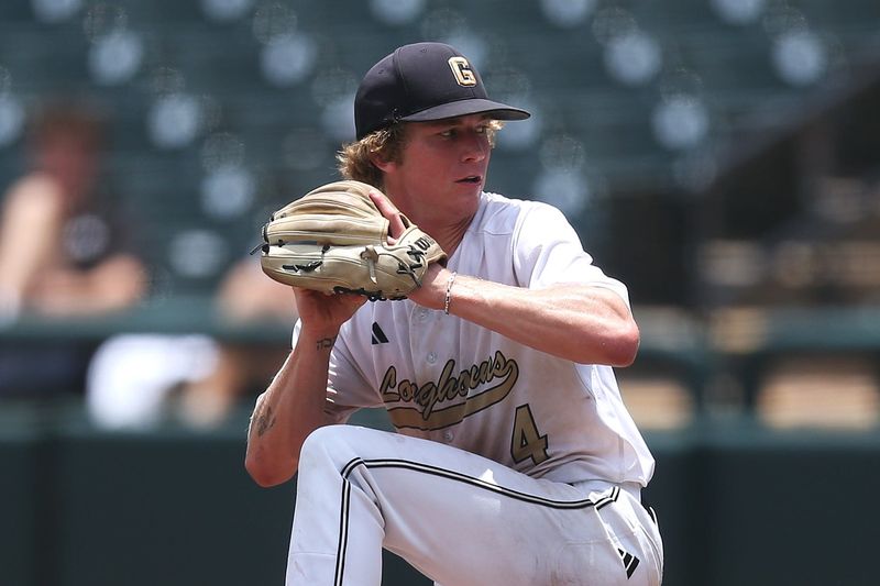 Pitcher Aiden Shank goes into his wind-up during the Class 1A baseball state championship game against Groveton Centerville on Saturday, June 6, 2026 at Dell Diamond in Round Rock.