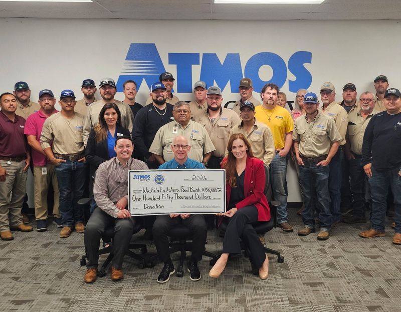Atmos Energy presented the Wichita Falls Area Food Bank with a $150,000 donation to the Capital Campaign project. Employees of the Wichita Falls Service Center joined in for the photo.