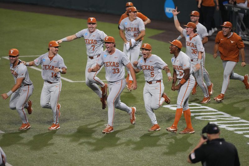 Jun 7, 2026; Austin, TX, USA; Texas Longhorns run on to the field to celebrate after closing out a Super Regional game over the Oregon Ducks and securing a ticket to the College World Series at UFCU Disch-Falk field in Austin, Texas. Mandatory Credit: Scott Wachter-Imagn Images
