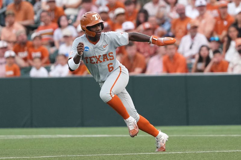 Jun 7, 2026; Austin, TX, USA; Texas Longhorns left fielder Anthony Pack Jr. (6) runs to second base during the first inning of a Super Regional game against the Oregon Ducks at UFCU Disch-Falk field in Austin, Texas. Mandatory Credit: Scott Wachter-Imagn Images