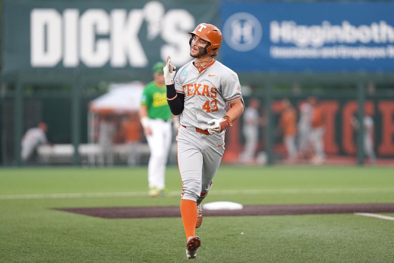 Jun 7, 2026; Austin, TX, USA; Texas Longhorns right fielder Aiden Robbins (43) reacts after hitting a homerun during the first inning of a Super Regional game against the Oregon Ducks at UFCU Disch-Falk field in Austin, Texas. Mandatory Credit: Scott Wachter-Imagn Images