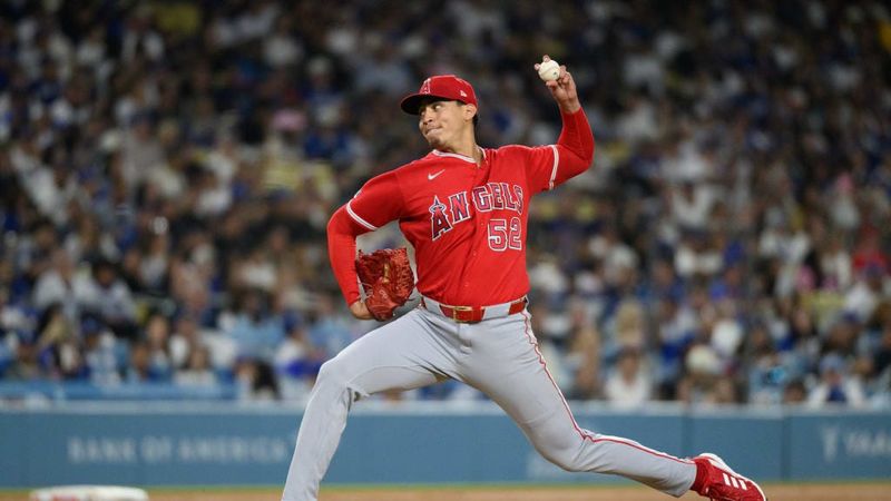 Los Angeles Angels left-handed reliever Samy Natera Jr. pitches against the Los Angeles Dodgers Saturday night