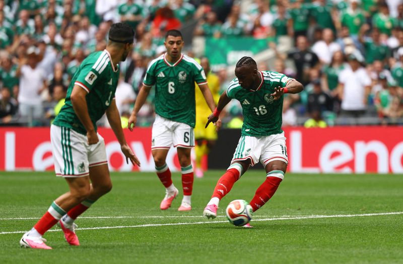 Mexico's Julian Quinones scores the team;s first goal vs. South Africa on June 11, 2026 in the first match of the 2026 FIFA World Cup.