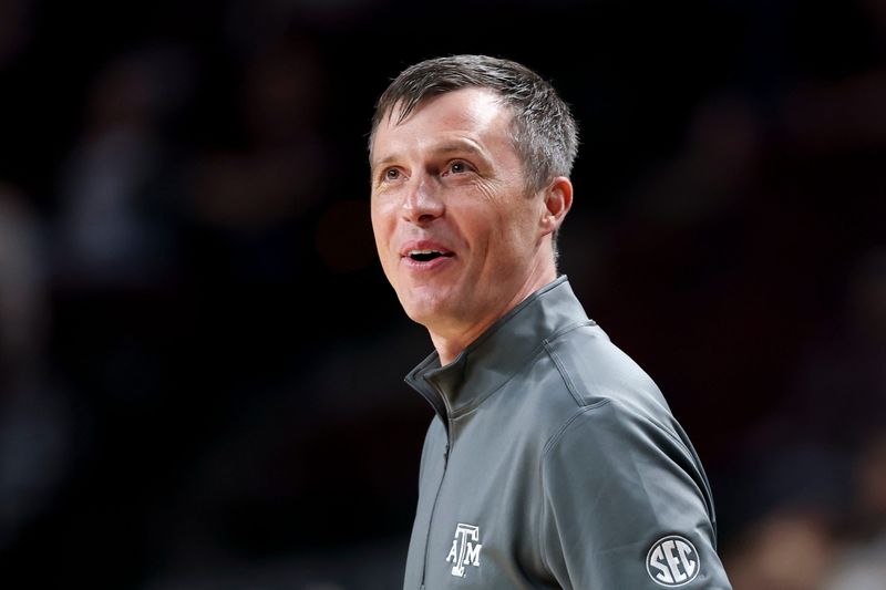 Nov 6, 2025; College Station, Texas, USA; Texas A&M Aggies head coach Bucky McMillan looks on prior to the game against the Texas Southern Tigers at Reed Arena. Mandatory Credit: Maria Lysaker-Imagn Images