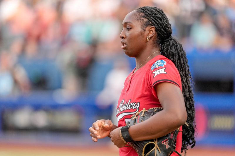Texas Tech starting pitcher NiJaree Canady (24) walks off the field in the first inning during game 3 between Texas Tech and Ole Miss at the Womenâ€™s College World Series at Devon Park in Oklahoma City, on Thursday, May 29, 2025.