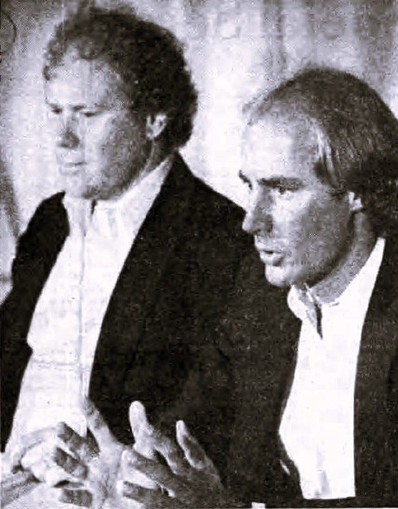Pictured are spokesmen for Joe Ely’s 4th Annual Tornado jam, Ely’s manager Chet Hansen, left, and local liaison Steve Moss, April 22, 1983. Their plea to use Buddy Holly Park for the festival was denied by the Lubbock City Council.