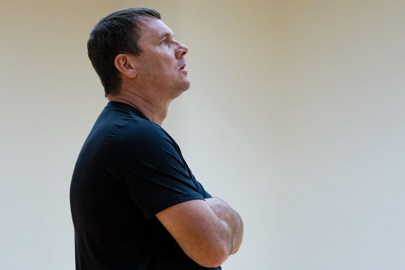 UTEP head men's basketball coach Joe Golding watches his team during practice Monday, June 15, 2026, at the Foster Stevens Basketball Center on the UTEP campus in El Paso, Texas.