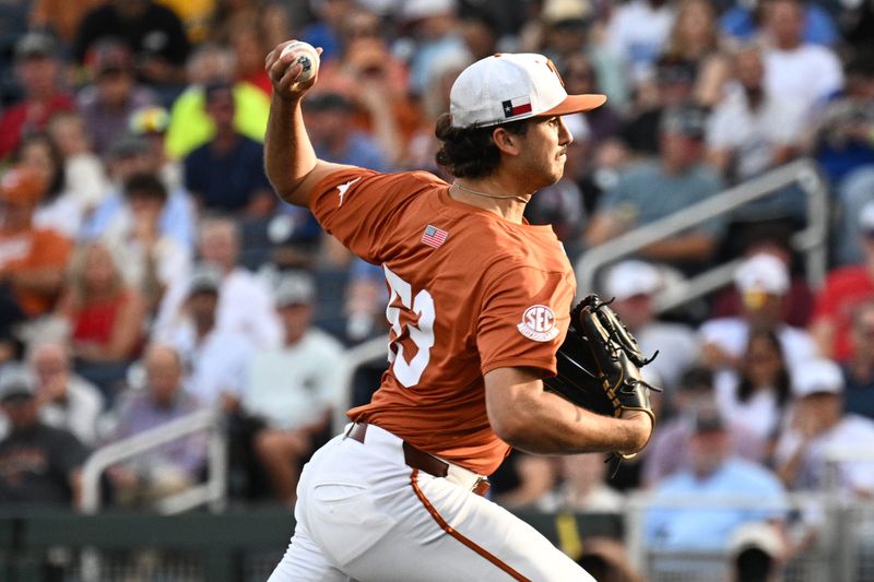 Jun 16, 2026; Omaha, NE, USA; Texas Longhorns starting pitcher Luke Harrison (53) throws against the Georgia Bulldogs during the first inning at Charles Schwab Field. Mandatory Credit: Steven Branscombe-Imagn Images