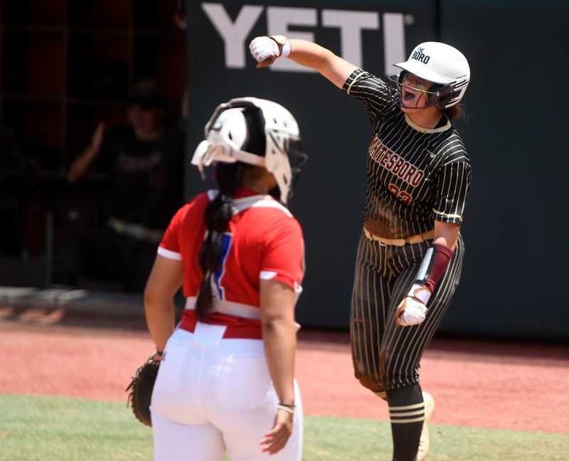 Whitesboro's Bradi Gallaway celebrates her run against Coahoma in the Class 3A UIL state softball semifinal game, Wednesday, May 29, 2024, at McCombs Field in Austin.