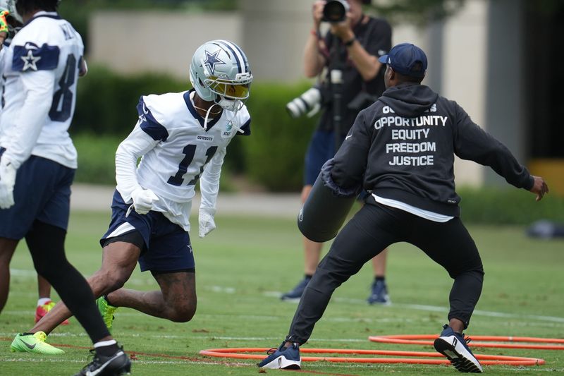 Jun 16, 2026; Dallas, TX, USA;  Dallas Cowboys wide receiver Marquez Valdes-Scantling (11) goes through a drill during practice at the Ford Center at the Star Training Facility in Frisco, Texas. Mandatory Credit: Chris Jones-Imagn Images