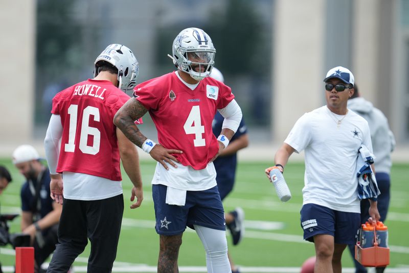 Jun 16, 2026; Dallas, TX, USA;  Dallas Cowboys quarterback Dak Prescott (4) goes through a drill during practice at the Ford Center at the Star Training Facility in Frisco, Texas. Mandatory Credit: Chris Jones-Imagn Images