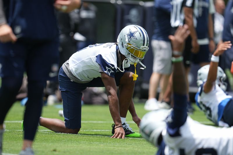Jun 16, 2026; Dallas, TX, USA;  Dallas Cowboys wide receiver George Pickens (3) stretches before practice at the Ford Center at the Star Training Facility in Frisco, Texas. Mandatory Credit: Chris Jones-Imagn Images