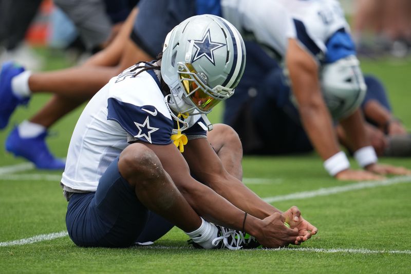 Jun 16, 2026; Dallas, TX, USA;  Dallas Cowboys wide receiver George Pickens (3) stretches before practice at the Ford Center at the Star Training Facility in Frisco, Texas. Mandatory Credit: Chris Jones-Imagn Images