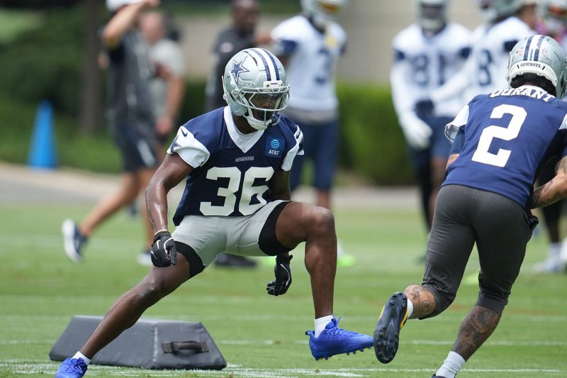 Jun 16, 2026; Dallas, TX, USA;  Dallas Cowboys defensive back Corey Ballentine (36) goes through a drill during practice at the Ford Center at the Star Training Facility in Frisco, Texas. Mandatory Credit: Chris Jones-Imagn Images
