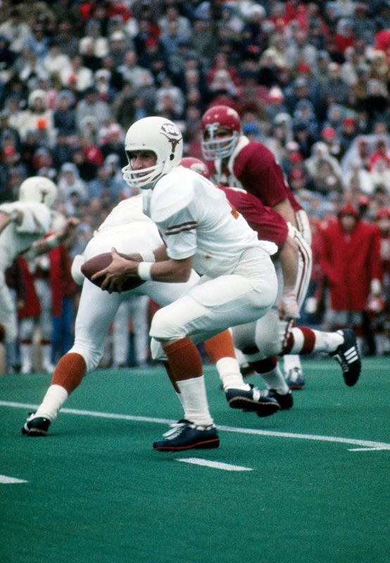 Dec 6, 1969; Fayetteville, AR, USA; FILE PHOTO;  Texas Longhorns quarterback James Street (16) in action against the Arkansas Razorbacks at Razorback Stadium. This game was deemed the game of the century at the time. Mandatory Credit: Malcolm Emmons-USA TODAY Sports