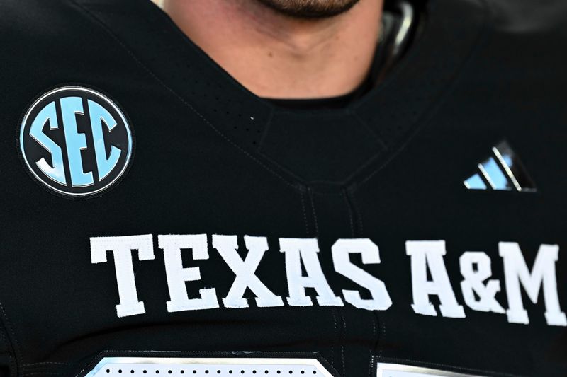 Oct 4, 2025; College Station, Texas, USA; A detail view of a SEC patch on a Texas A&M Aggies jersey prior to the game against the Mississippi State Bulldogs at Kyle Field. Mandatory Credit: Maria Lysaker-Imagn Images
