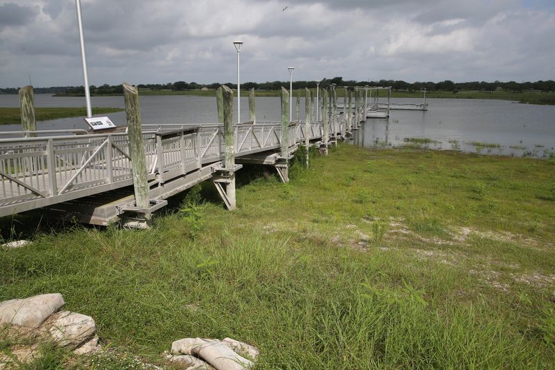 A pier is shown partially over dry land at Lake Corpus Christi on June 19. The lake was at 30% capacity.