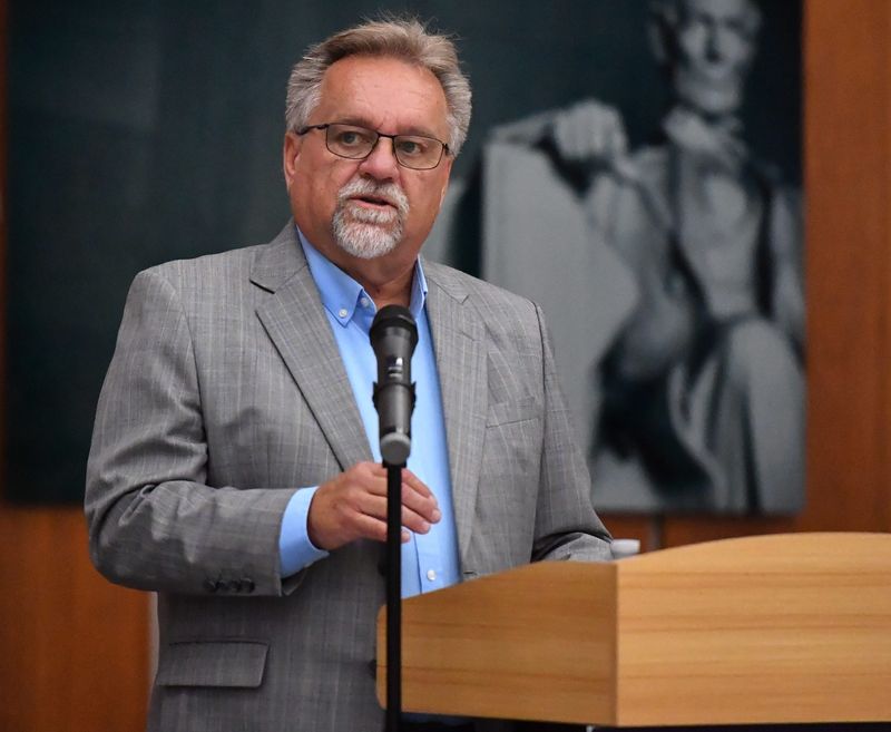 Scott Poenitzsch, former chairman and current board member of the Wichita Falls Chamber of Commerce, officially announces his candidacy for mayor of Wichita Falls on Tuesday inside the Big Blue building.