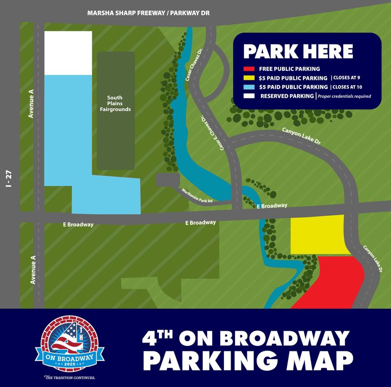 There are a variety of parking options for the 2026 4th on Broadway in Lubbock.