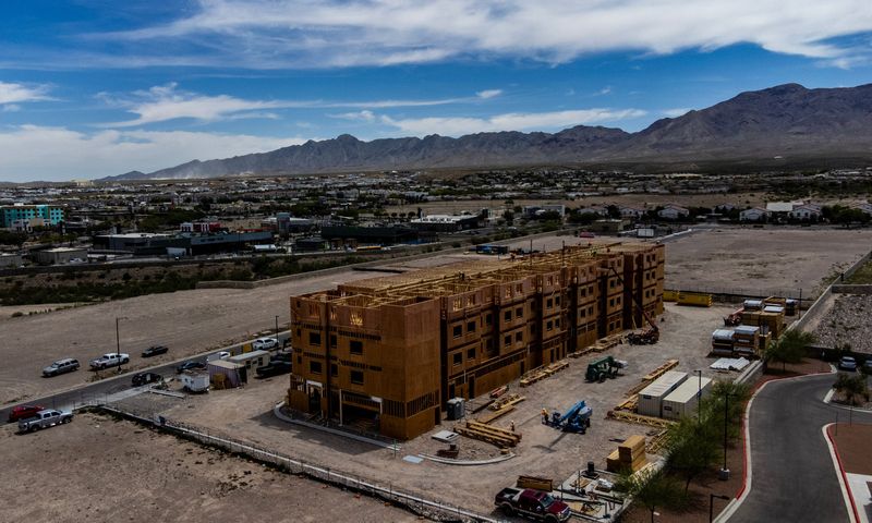 A drone view shows construction of a Residence Inn by Marriott in the Canyon Creek office park on Wednesday, June 24, 2026, in West El Paso, Texas; part of a broader commercial development boom in the West Towne Marketplace/Cimarron area.