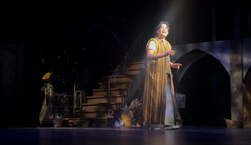 Brayden Flores, who portrays Jesus, performs during a dress rehearsal of "Godspell Jr." at Harbor Play in Corpus Christi, Texas, on June 24, 2026.