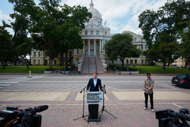 Democratic U.S. Senate candidate James Talarico stands in front of the McLennan County courthouse and demands the release of all files related to Attorney General Ken Paxton's light deal for an admitted child molester on Thursday, June 18, 2026.