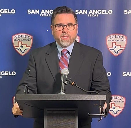 San Angelo police Chief Travis Griffith gives an update Thursday morning, June 25, 2026, on a homicide investigation that began after police received an anonymous tip. Body parts of the victim have been found.