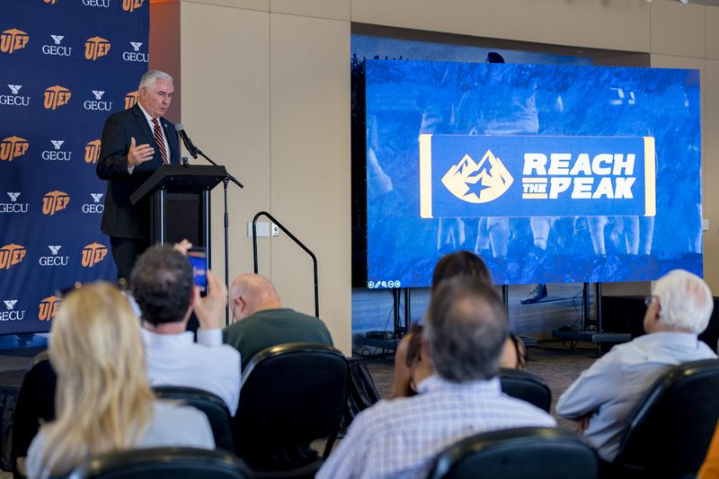 University of Texas at El Paso Athletics Director Jim Senter speaks during a news conference Friday, June 26, 2026, at the Larry K. Durham Sports Center in El Paso, Texas. UTEP celebrated its upcoming transition to the Mountain West Conference ahead of officially joining the conference July 1.