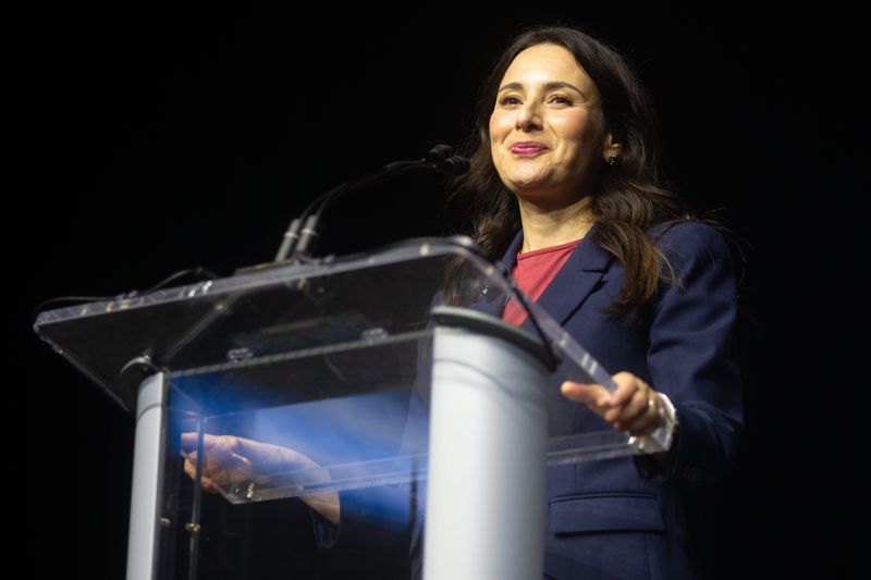 State Rep. Gina Hinojosa, the Democratic candidate for Texas governor, speaks to a crowd at the Texas Democratic Convention at the Hilliard Center in Corpus Christi, Texas, on June 26, 2026.