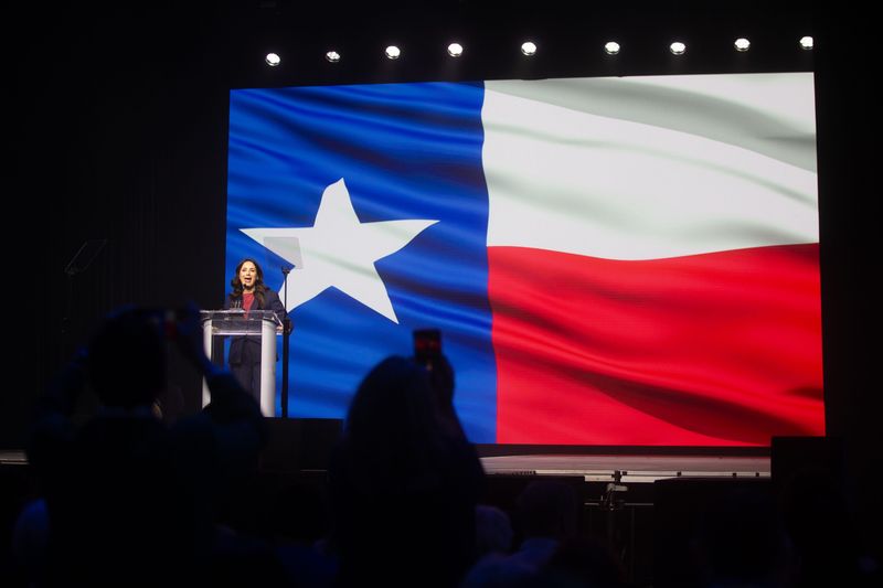 State Rep. Gina Hinojosa, the Democratic candidate for Texas governor, speaks to a crowd at the Texas Democratic Convention at the Hilliard Center in Corpus Christi, Texas, on June 26, 2026.