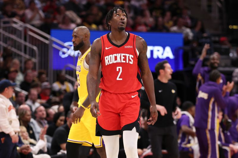 Mar 16, 2026; Houston, Texas, USA; Houston Rockets forward Dorian Finney-Smith (2) reacts after a turover during the fourth quarter against the Los Angeles Lakers at Toyota Center. Mandatory Credit: Troy Taormina-Imagn Images