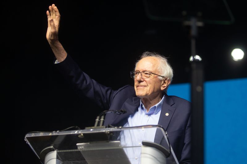 U.S. Sen. Bernie Sanders greets a crowd at the Texas Democratic Convention at the Hilliard Center in Corpus Christi, Texas, on June 27, 2026.