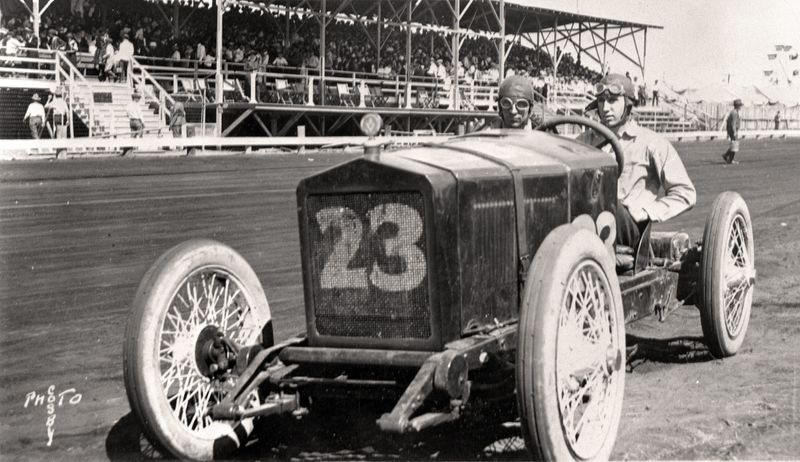 Two men wait in their race car during  the 1923 West Texas Fair in Abilene’s Fair Park. The center of the track was located where the Adventure Cove water park is now in Rose Park at South Seventh and Barrow streets.
