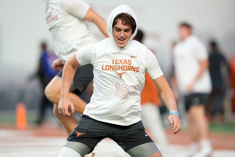 Nov 28, 2025; Austin, Texas, USA; Texas Longhorns quarterback Arch Manning warms up before a game against the Texas A&M Aggies at Darrell K Royal-Texas Memorial Stadium. Mandatory Credit: Scott Wachter-Imagn Images