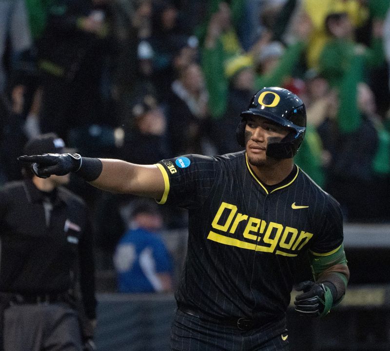 Oregonâ€™s Naulivou Lauaki Jr. celebrates his eighth-inning home run with fans during the NCAA Eugene Regional Baseball Tournament game against Yale at PK Park n Eugene May 29, 2026.