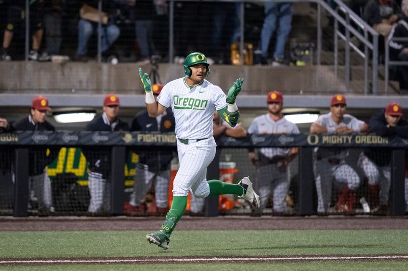 Oregon infielder Naulivou Lauaki Jr. rounds the bases on a home run in the ninth inning as the Oregon Ducks host the USC Trojans on May 14, 2026, in Eugene, Oregon.
