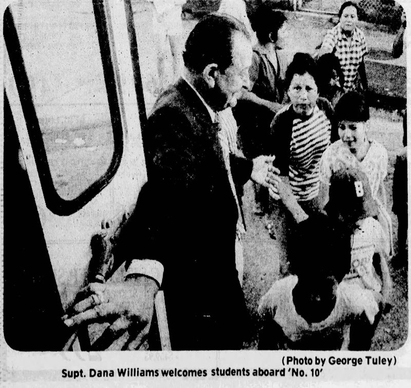 Corpus Christi Independent School District Superintendent Dana Williams welcomes students aboard bus No. 10 during the first day of school in 1975.