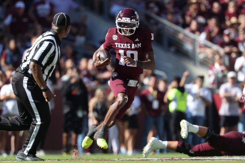 Nov 15, 2025; College Station, Texas, USA; Texas A&M Aggies quarterback Marcel Reed (10) runs with the ball during the third quarter against the South Carolina Gamecocks at Kyle Field. Mandatory Credit: Troy Taormina-Imagn Images