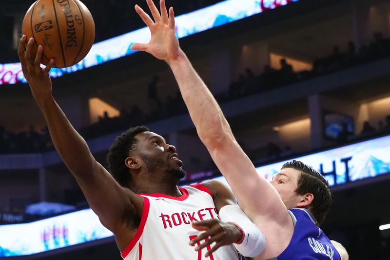 Apr 11, 2018; Sacramento, CA, USA; Houston Rockets center Chinanu Onuaku (21) shoots the ball against Sacramento Kings forward Jack Cooley (45) during the first quarter at Golden 1 Center. Mandatory Credit: Kelley L Cox-USA TODAY Sports