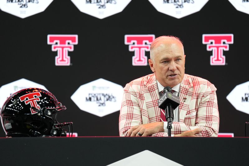 Jul 7, 2026; Frisco, TX, USA;  Texas Tech head coach Joey McGuire speaks to reporters during Big 12 Conference Football Media Days at The Star. Mandatory Credit: Raymond Carlin III-Imagn Images